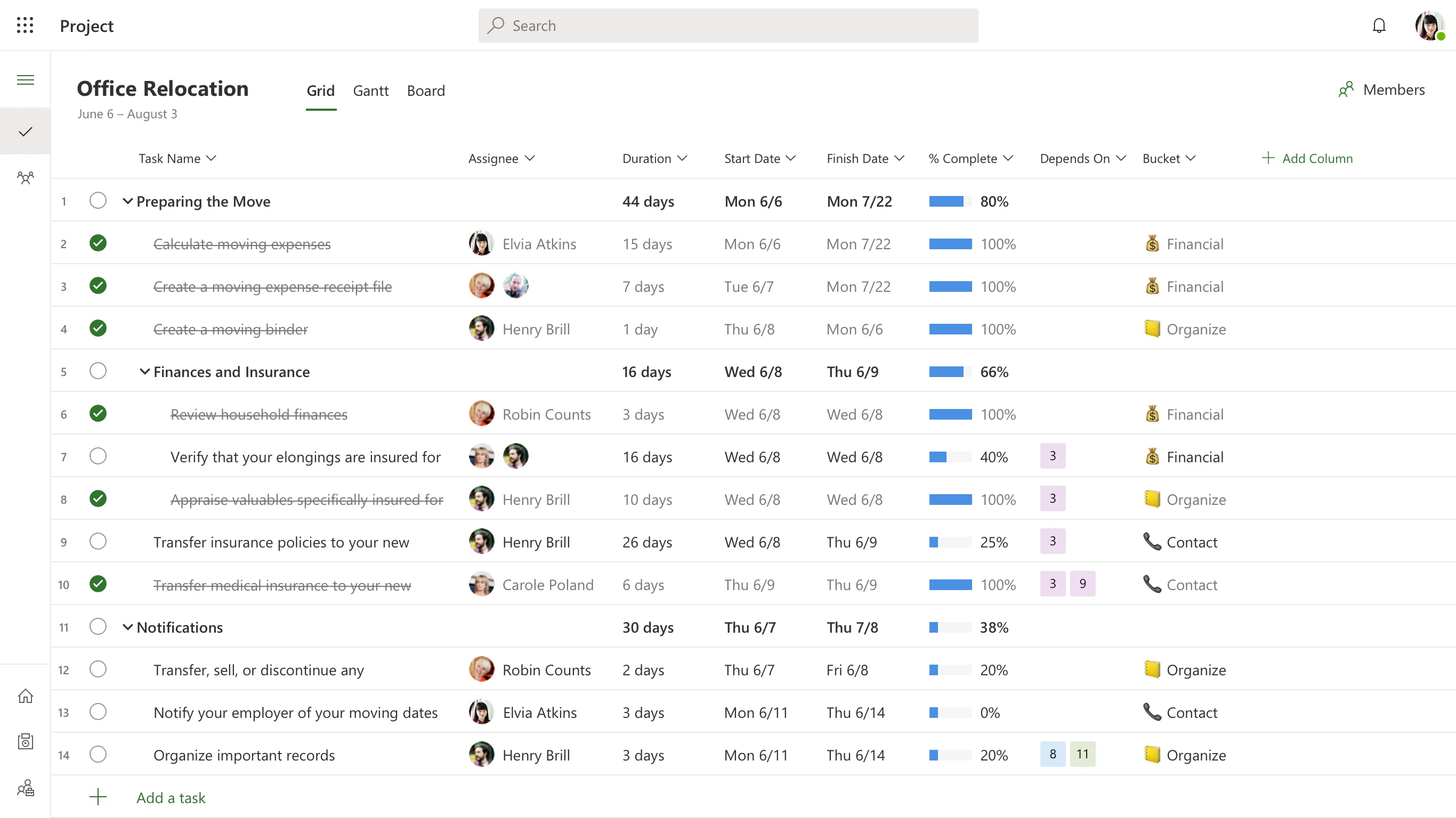 Project task grid view