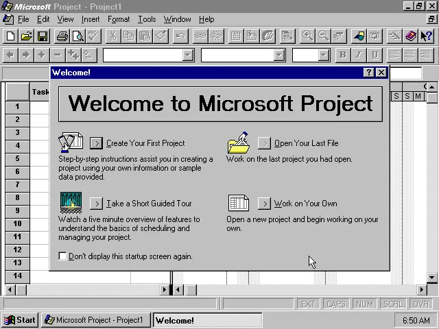 Microsoft Project 4.1 welcome screen