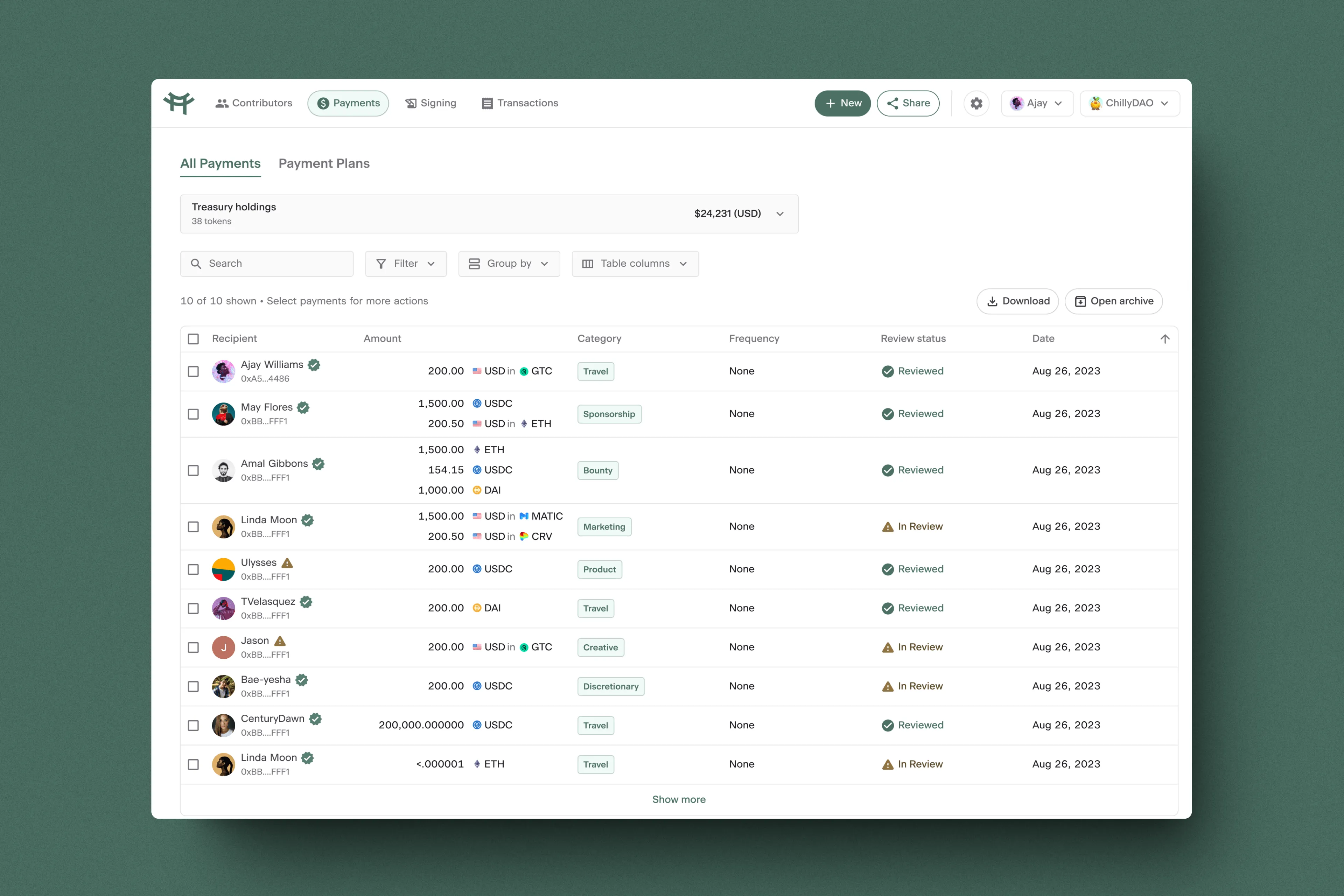 Payments page