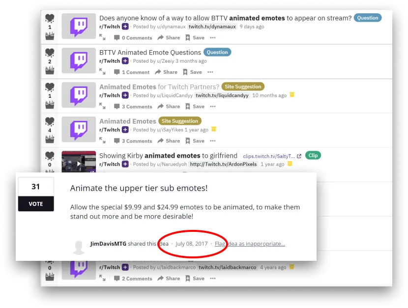 Reddit threads from viewers asking for animated emotes