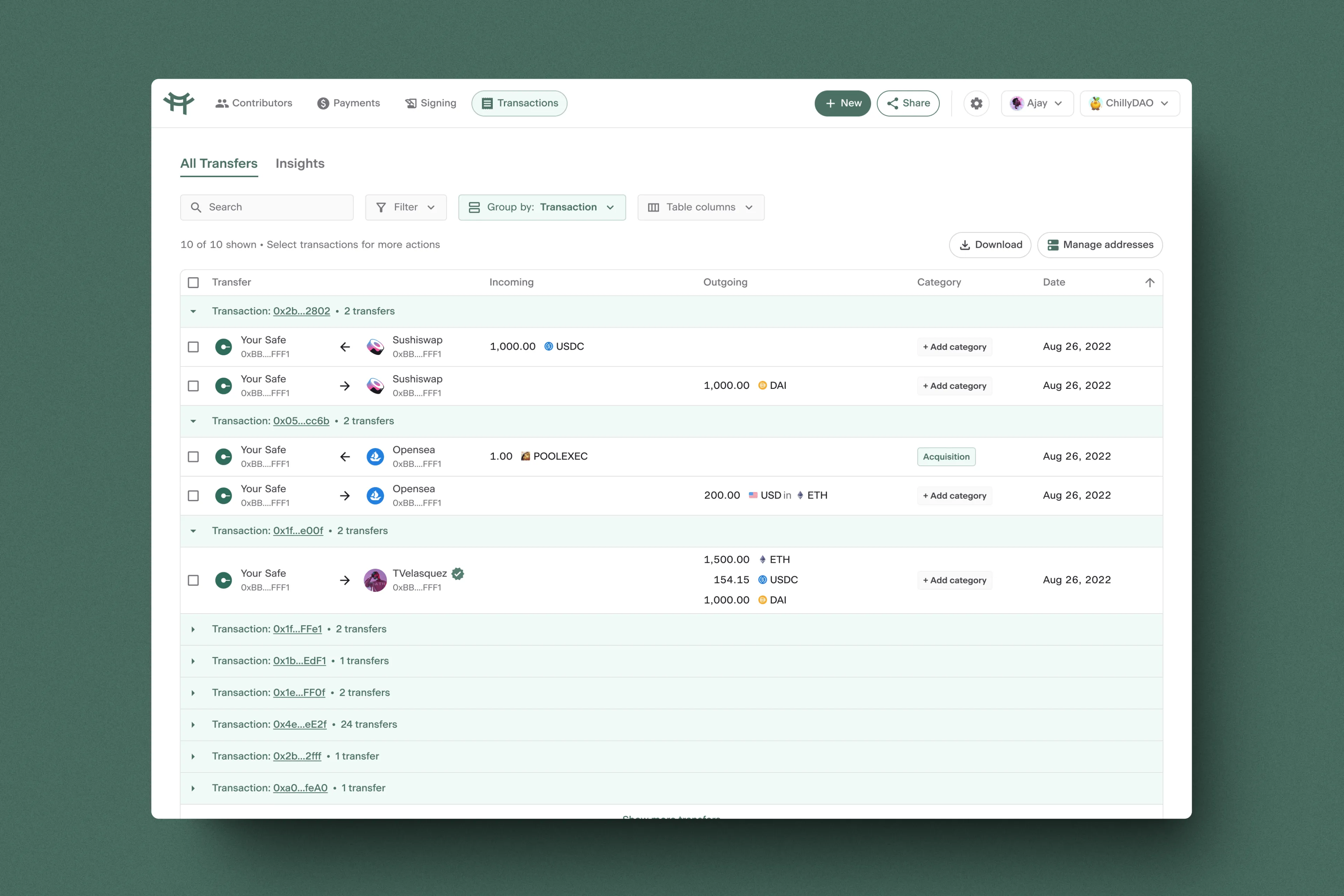 Transactions page